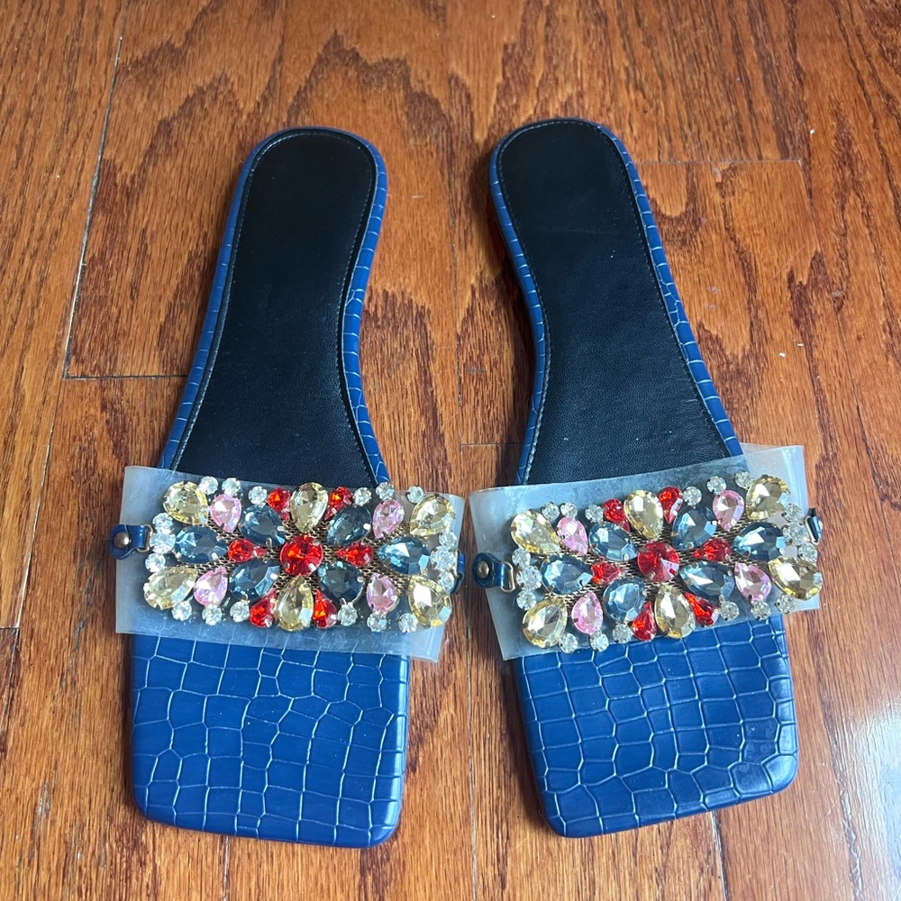 Embellished Blue Slide Sandals